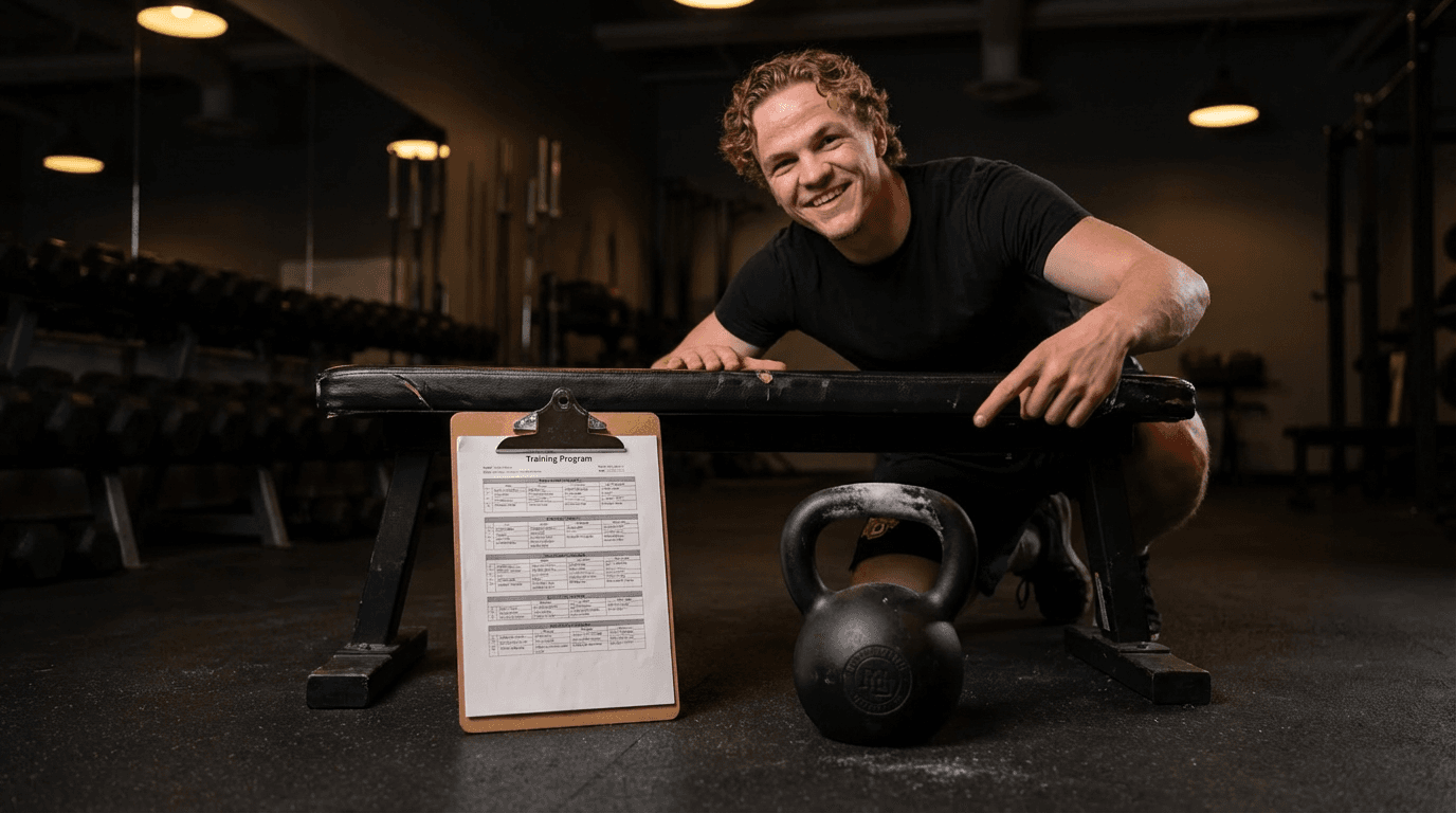 Jesper med träningsprogram och kettlebell i gymmet